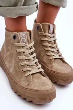 Clearance Big Star Shoes Trampki Damskie Big Star Wysokie Ocieplane Beżowe GG274071