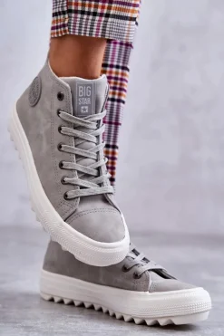 New Big Star Shoes Trampki Damskie Big Star Wysokie Ocieplane Szare EE274114 Szary