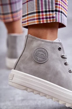 New Big Star Shoes Trampki Damskie Big Star Wysokie Ocieplane Szare EE274114 Szary