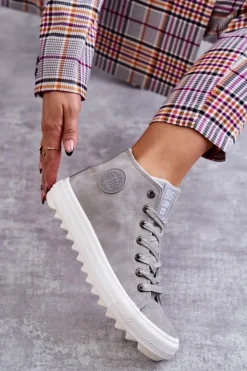 New Big Star Shoes Trampki Damskie Big Star Wysokie Ocieplane Szare EE274114 Szary
