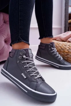 Damskie Big Star Shoes Trampki Damskie Big Star Wysokie Szare Ocieplane EE274413