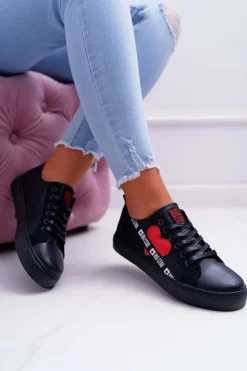 Big Star Shoes Trampki Damskie Big Star|Trampki Damskie Niskie*Trampki Damskie Big Star Czarne z Sercem EE274256