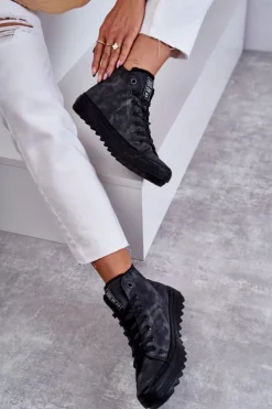 Clearance Big Star Shoes Trampki Damskie Big Star Wysokie Ocieplane Czarne GG274069 Czarny