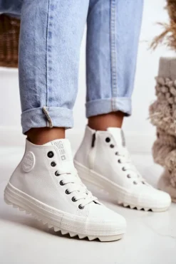 Hot Big Star Shoes Trampki Damskie Big Star Wysokie Ocieplane Białe GG274108