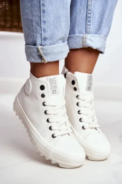 Hot Big Star Shoes Trampki Damskie Big Star Wysokie Ocieplane Białe GG274108