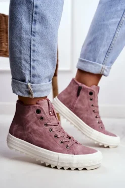 Damskie Big Star Shoes Trampki Damskie Big Star Wysokie Ocieplane Różowe GG274109