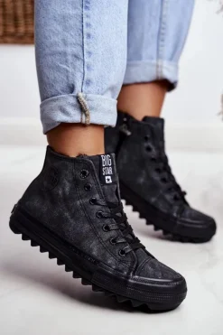 Sale Big Star Shoes Trampki Damskie Big Star Wysokie Ocieplane Czarne GG274069