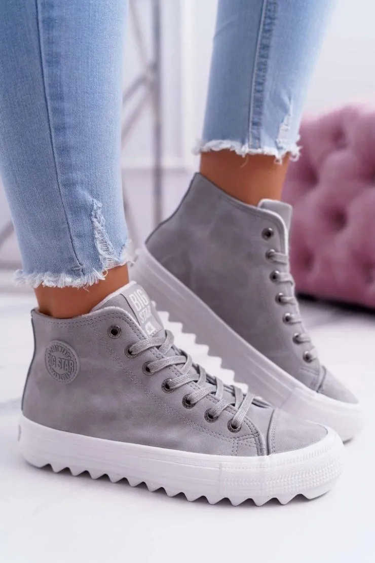 Hot Big Star Shoes Trampki Damskie Big Star Wysokie Ocieplane Szare EE274114