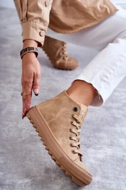 Outlet Big Star Shoes Trampki Damskie Big Star Wysokie Ocieplane Camel GG274072 Brązowy