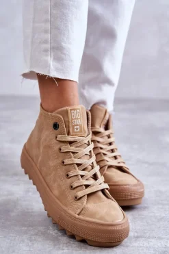Outlet Big Star Shoes Trampki Damskie Big Star Wysokie Ocieplane Camel GG274072 Brązowy