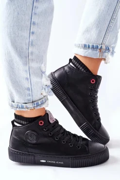 New Cross Jeans Trampki Damskie Wysokie Czarne II2R4021 Czarny