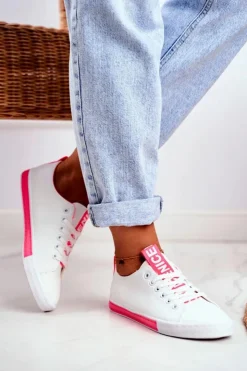 Boto Trampki Damskie Niskie*Trampki Damskie Klasyczne Biało-Neonowo Różowe Ville