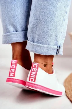 Boto Trampki Damskie Niskie*Trampki Damskie Klasyczne Biało-Neonowo Różowe Ville