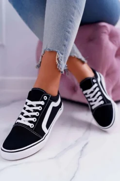 Boto Trampki Damskie Niskie*Trampki Damskie Materiałowe Czarne Bestro