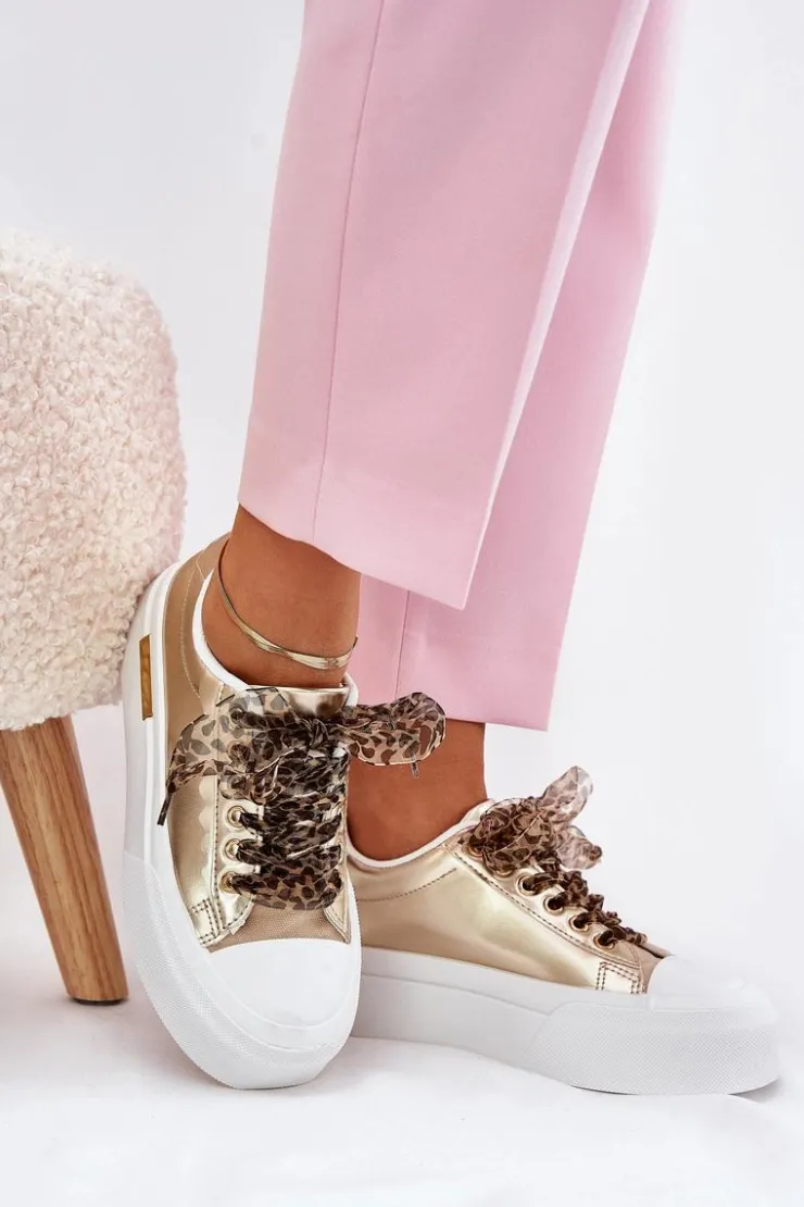 Boto Trampki Damskie Niskie*Trampki Damskie Na Masywnej Platformie Z Ozdobnym Sznurowaniem Złote Zidora