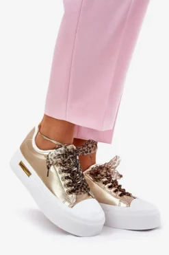 Boto Trampki Damskie Niskie*Trampki Damskie Na Masywnej Platformie Z Ozdobnym Sznurowaniem Złote Zidora