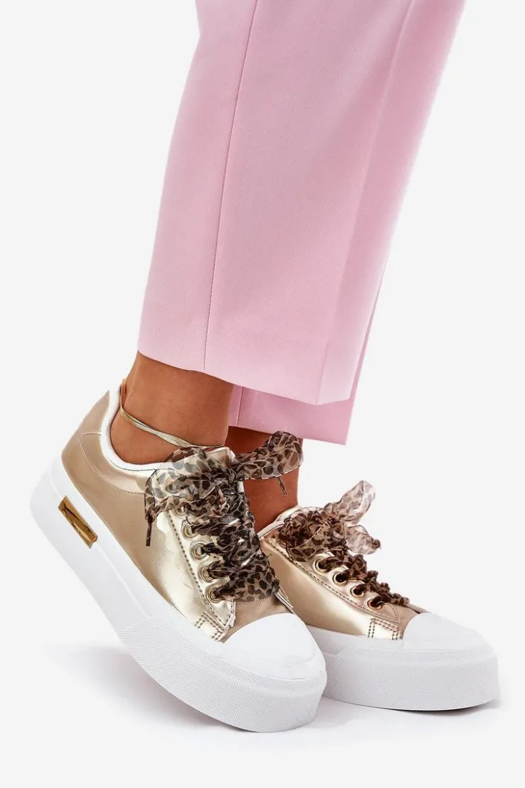 Boto Trampki Damskie Niskie*Trampki Damskie Na Masywnej Platformie Z Ozdobnym Sznurowaniem Złote Zidora