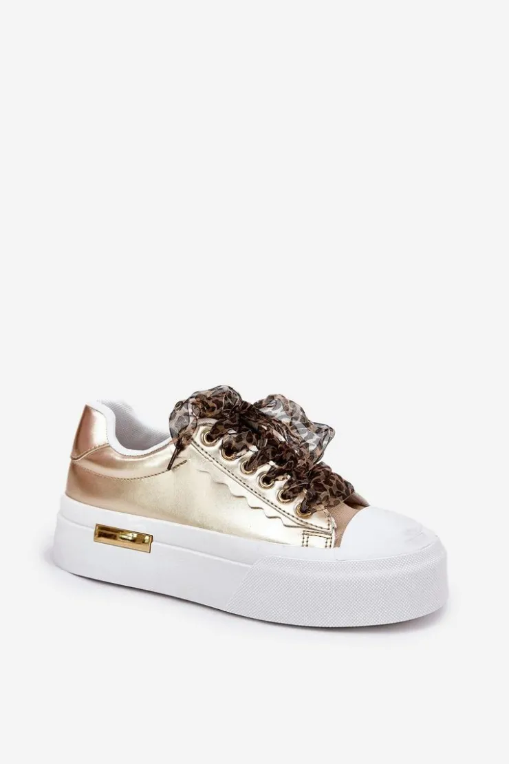 Boto Trampki Damskie Niskie*Trampki Damskie Na Masywnej Platformie Z Ozdobnym Sznurowaniem Złote Zidora