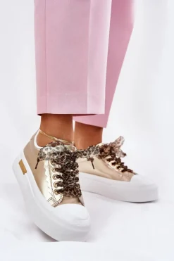 Boto Trampki Damskie Niskie*Trampki Damskie Na Masywnej Platformie Z Ozdobnym Sznurowaniem Złote Zidora