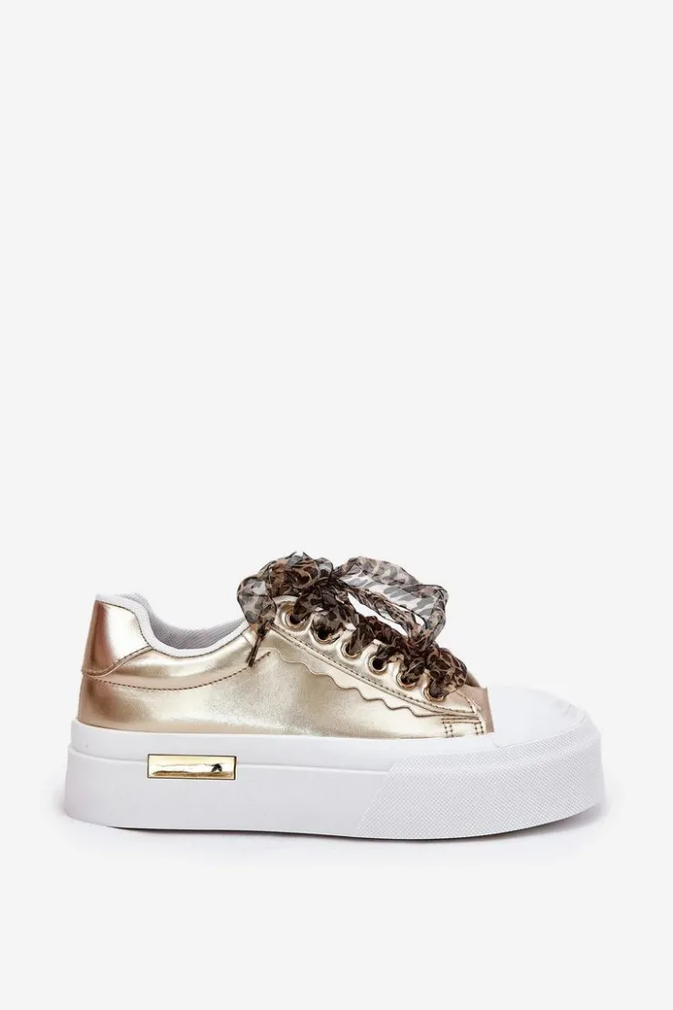 Boto Trampki Damskie Niskie*Trampki Damskie Na Masywnej Platformie Z Ozdobnym Sznurowaniem Złote Zidora