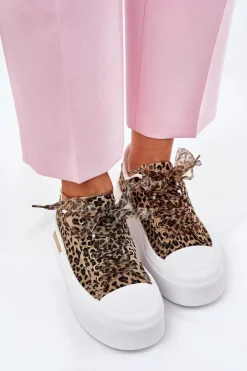 Damskie Boto Trampki Damskie Na Masywnej Platformie Z Ozdobnym Sznurowaniem Panterka Brązowe Zidora