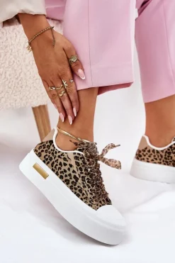 Damskie Boto Trampki Damskie Na Masywnej Platformie Z Ozdobnym Sznurowaniem Panterka Brązowe Zidora