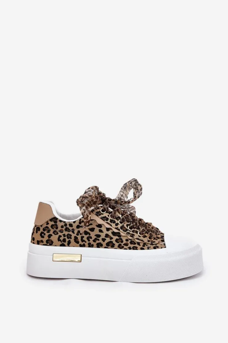 Damskie Boto Trampki Damskie Na Masywnej Platformie Z Ozdobnym Sznurowaniem Panterka Brązowe Zidora