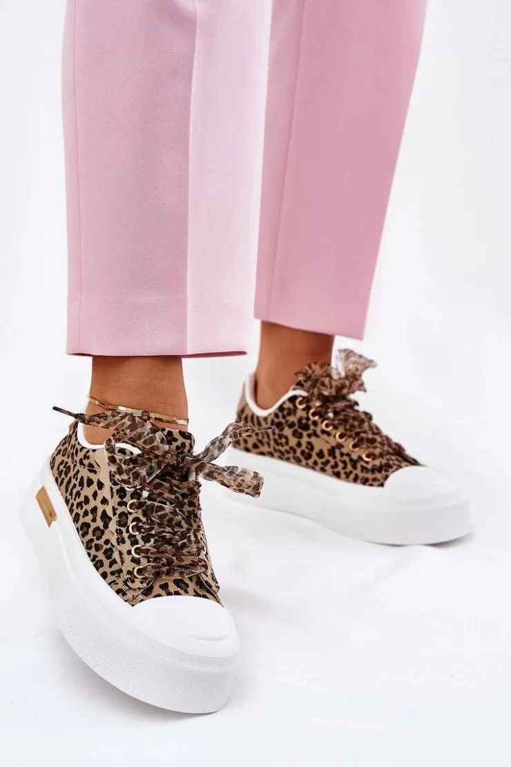 Damskie Boto Trampki Damskie Na Masywnej Platformie Z Ozdobnym Sznurowaniem Panterka Brązowe Zidora