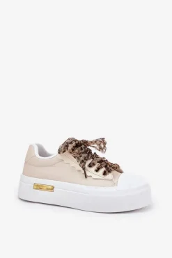 New Boto Trampki Damskie Na Masywnej Platformie Z Ozdobnym Sznurowaniem Beżowe Zidora