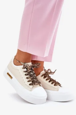 New Boto Trampki Damskie Na Masywnej Platformie Z Ozdobnym Sznurowaniem Beżowe Zidora