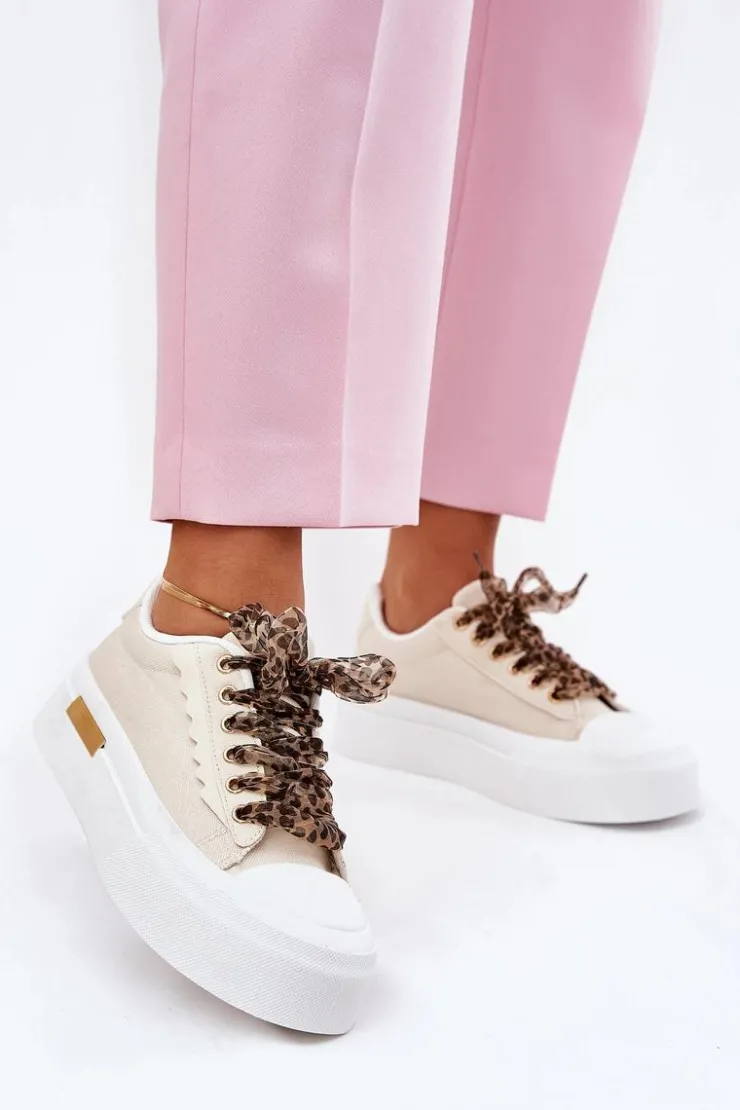 New Boto Trampki Damskie Na Masywnej Platformie Z Ozdobnym Sznurowaniem Beżowe Zidora