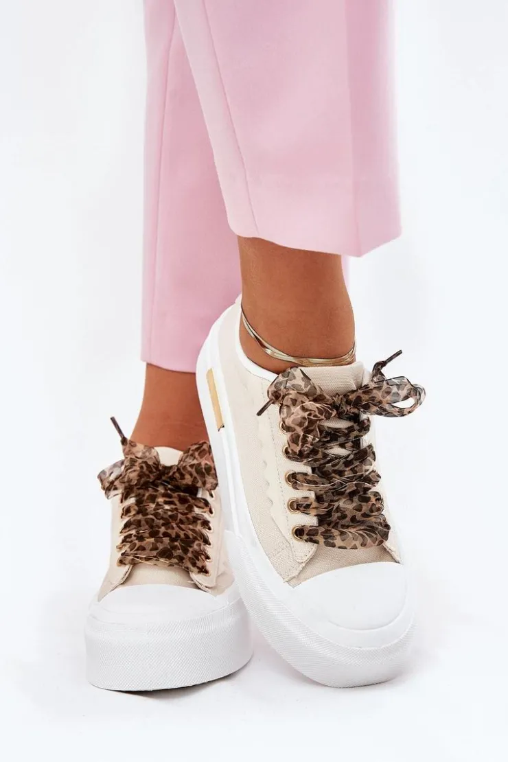 New Boto Trampki Damskie Na Masywnej Platformie Z Ozdobnym Sznurowaniem Beżowe Zidora