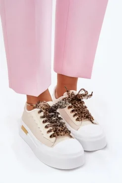 New Boto Trampki Damskie Na Masywnej Platformie Z Ozdobnym Sznurowaniem Beżowe Zidora