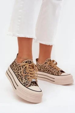 Boto Trampki Damskie Niskie*Trampki Damskie Na Masywnej Platformie Panterka Marinae Brązowy