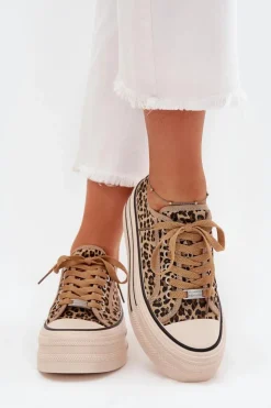 Boto Trampki Damskie Niskie*Trampki Damskie Na Masywnej Platformie Panterka Marinae Brązowy