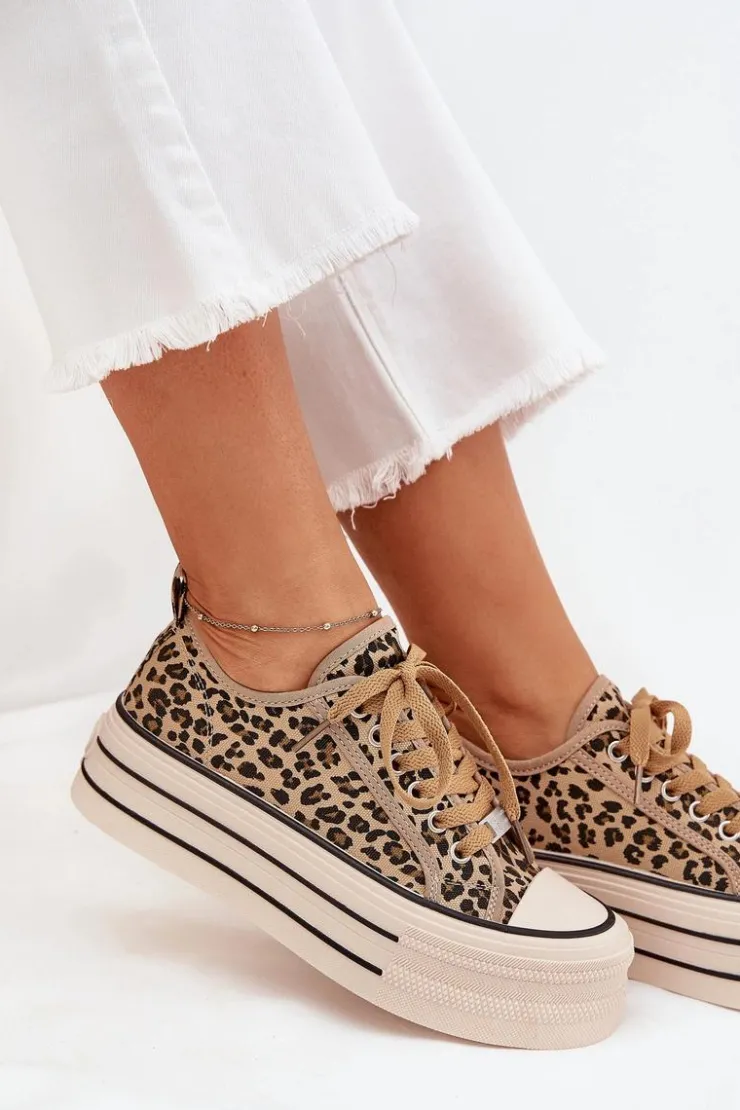 Boto Trampki Damskie Niskie*Trampki Damskie Na Masywnej Platformie Panterka Marinae Brązowy