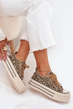 Boto Trampki Damskie Niskie*Trampki Damskie Na Masywnej Platformie Panterka Marinae Brązowy