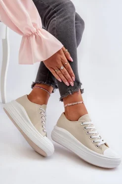 Boto Trampki Damskie Niskie*Trampki Damskie Na Masywnej Platformie Beżowe Amyete