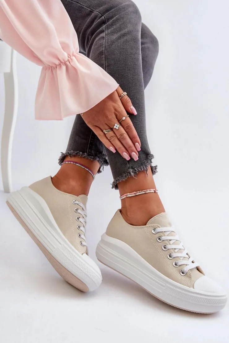 Boto Trampki Damskie Niskie*Trampki Damskie Na Masywnej Platformie Beżowe Amyete