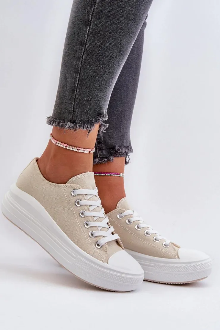 Boto Trampki Damskie Niskie*Trampki Damskie Na Masywnej Platformie Beżowe Amyete