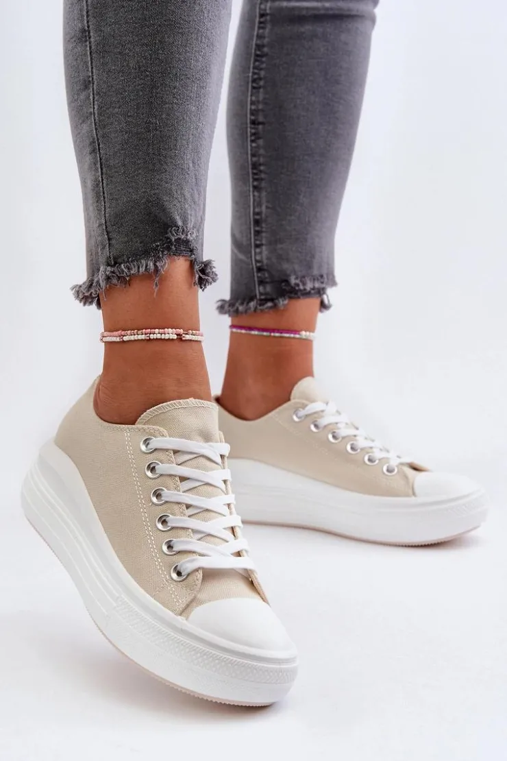 Boto Trampki Damskie Niskie*Trampki Damskie Na Masywnej Platformie Beżowe Amyete