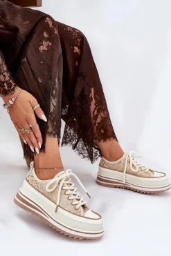 Damskie buty S.Barski Trampki Damskie Niskie*Trampki Damskie Na Masywnej Platformie S.Barski BF51-101 Beżowe