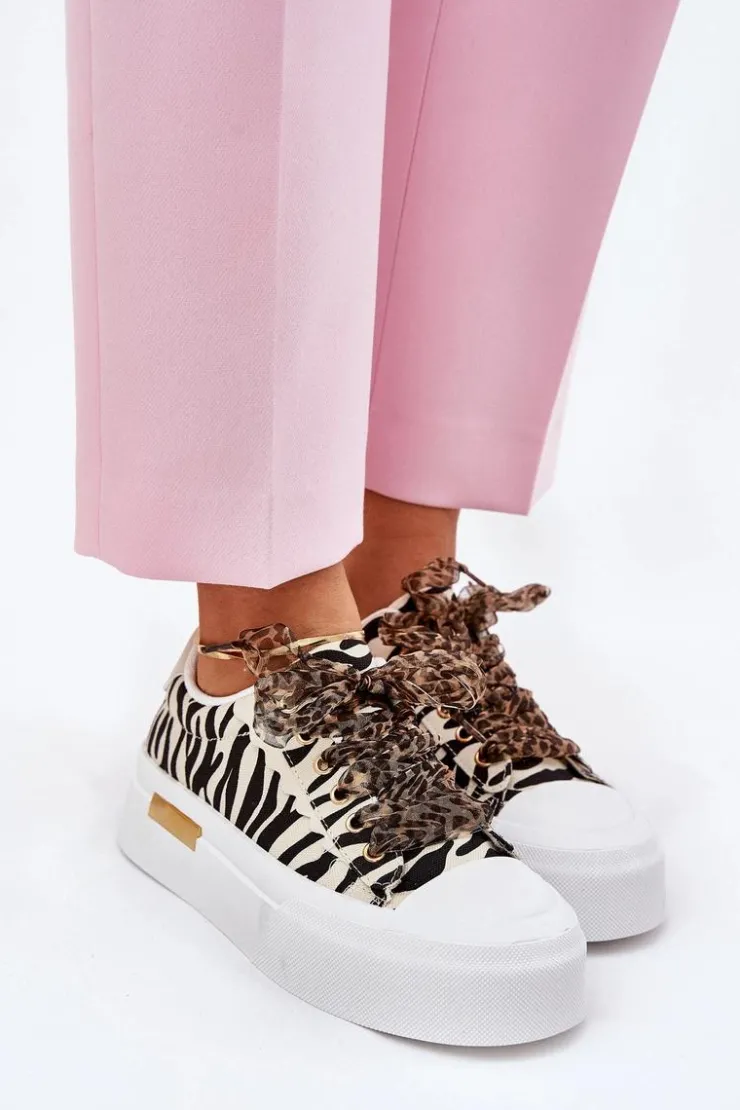 Discount Boto Trampki Damskie Na Masywnej Platformie Z Ozdobnym Sznurowaniem Zebra Czarno-Beżowe Zidora