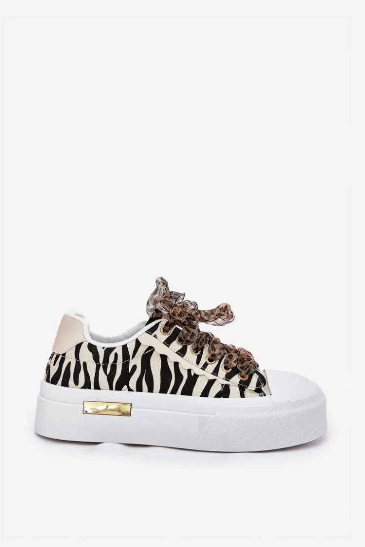 Discount Boto Trampki Damskie Na Masywnej Platformie Z Ozdobnym Sznurowaniem Zebra Czarno-Beżowe Zidora