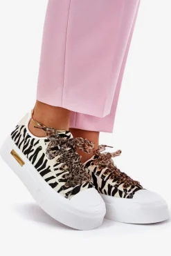 Discount Boto Trampki Damskie Na Masywnej Platformie Z Ozdobnym Sznurowaniem Zebra Czarno-Beżowe Zidora