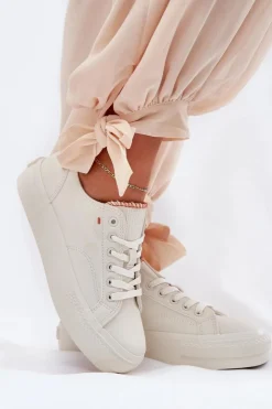 Big Star Shoes Trampki Damskie Big Star|Trampki Damskie Niskie*Trampki Damskie Na Platformie Z Eko Skóry Big Star RR274A297 Jasnobeżowe Beżowy