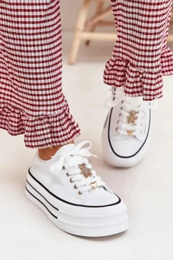 Boto Trampki Damskie Niskie*Trampki Damskie Na Platformie Ze Złotymi Przypinkami Białe Fiorina Biały