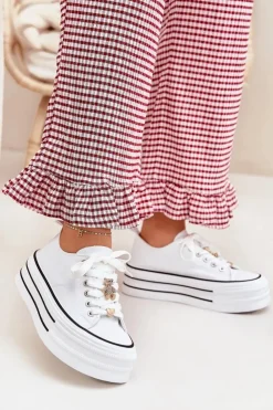 Boto Trampki Damskie Niskie*Trampki Damskie Na Platformie Ze Złotymi Przypinkami Białe Fiorina Biały