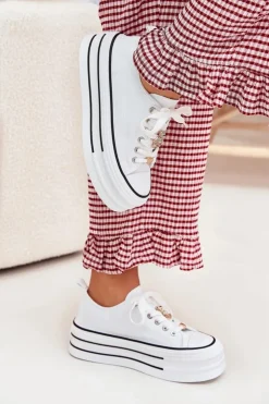 Boto Trampki Damskie Niskie*Trampki Damskie Na Platformie Ze Złotymi Przypinkami Białe Fiorina Biały