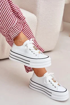 Boto Trampki Damskie Niskie*Trampki Damskie Na Platformie Ze Złotymi Przypinkami Białe Fiorina Biały